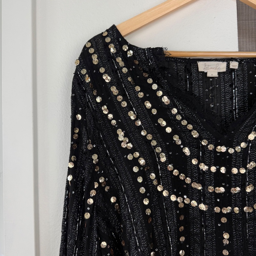 Anthropologie Let Me Be Black Gold Sequin Embellished Lace V Neck Blouse Medium - Picture 6 of 15